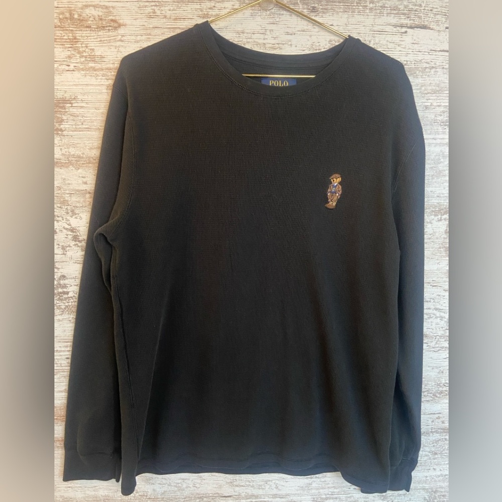 EUC Polo Ralph Lauren Tweed Bear Thermal Long Sleeve Shirt sz Large Black